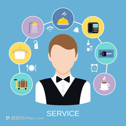 鐘男孩與酒店住宿房間服務(wù)圖標(biāo)矢量插圖